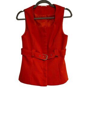 SundayUp Women's M Red Top Sleeveless Belted Vest Office Career Retro Blouse